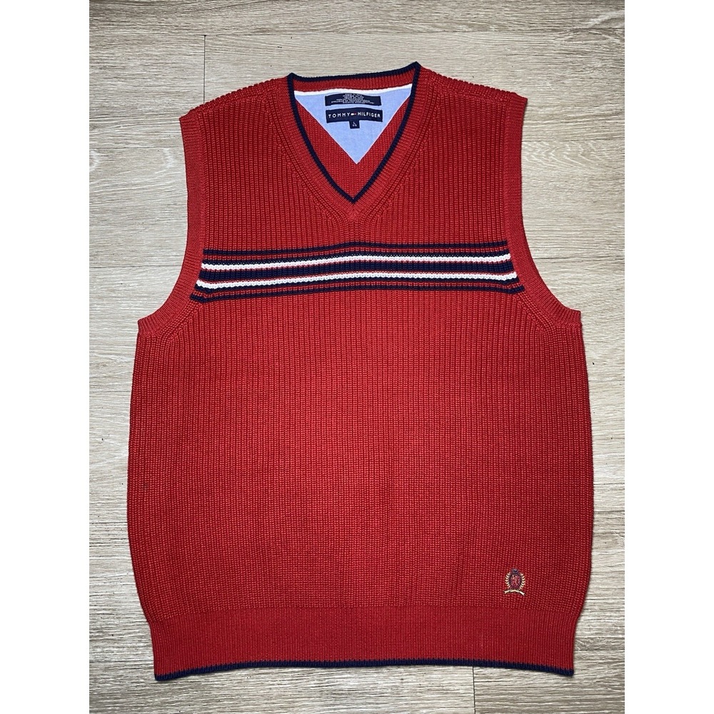 2000's Y2K Men's LARGE Tommy Hilfiger Red Cable Knit Sweater Vest V-Neck Cotton